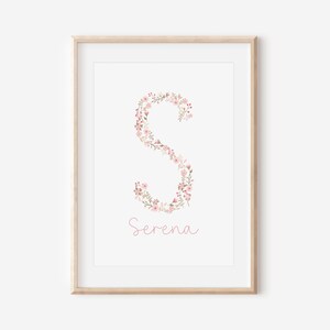 Regalo personalizado para niña, impresiones de nombres de letras florales rosas, decoración floral de guardería, arte de pared de habitación Grils, impresiones de guardería para niñas, arte de guardería de flores silvestres