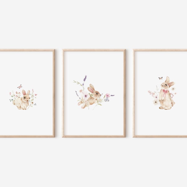 3 Sets Floral Bunny Prints,Girls Name Prints,Girls Bedroom,Bunny Nursery Wall Art, Watercolor Bunny,Bunny Print, Bunny Wall Decor