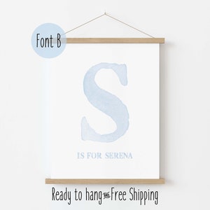 Benutzerdefinierte Baby Name Leinwanddruck, Blau Aquarell Buchstabe, Initial Name Prints, Kinderzimmer Dekor, Kinderzimmer Wand Kunst, personalisierte Name Poster