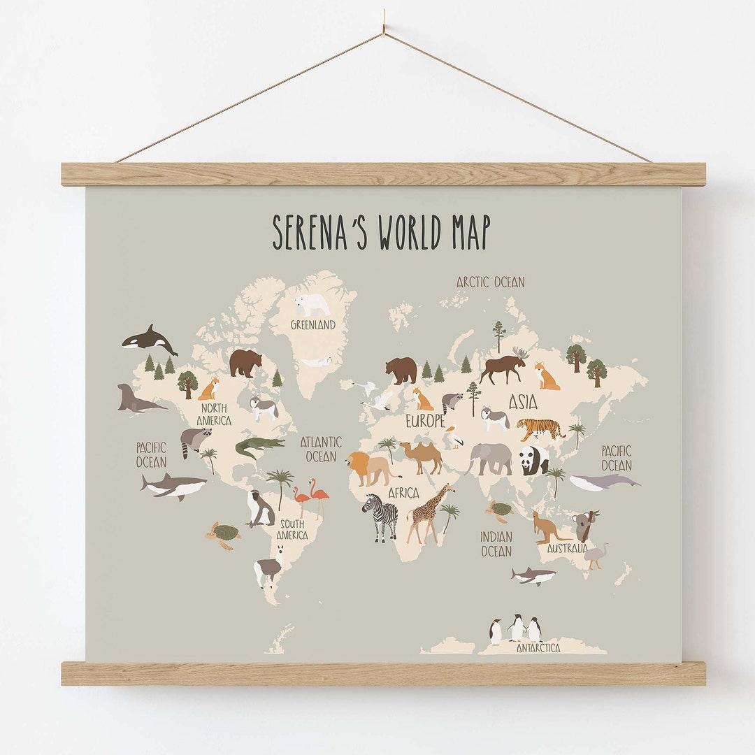 Kids World Map,animal World Map Printable,kid's Room Decor,nursery ...