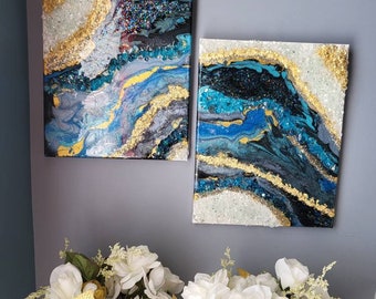 11"x14" -2 pc geode style Crushed glass resin pour resin art canvas set *total size 22"x14" MADE TO ORDER!