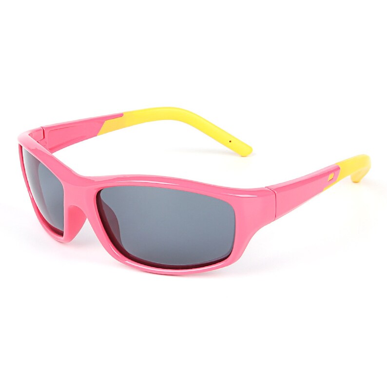 Puede incluir: Gafas de sol para ni&ntilde;os de color rosa y amarillo con lentes grises.