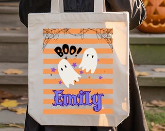 Custom Name Trick or Treat Bag, Personalized Halloween Tote, Kids Halloween Candy Bag, Halloween Canvas Tote, Trick or Treat Gift