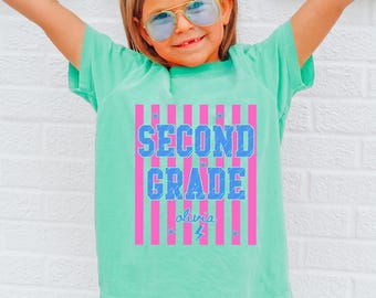 Personalized Second Grade Shirt, Custom Back to School Tee for Girls, Retro Grade Level Shirt, First Day of School Outfit