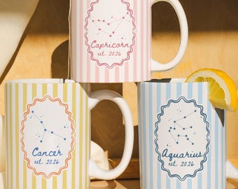 Striped Zodiac Mug, Personalized Astrology Mug, Custom Zodiac Mug, Birth Month Gift, Horoscope Mug, Leo Virgo Pisces Gift, Zodiac Sign Gift