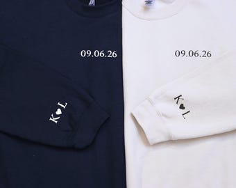 Custom Embroidered Initial Heart Sweatshirt, Initials on Sleeve, Couples Anniversary Gift, Custom Date Sweatshirt, Matching Couple Crewneck