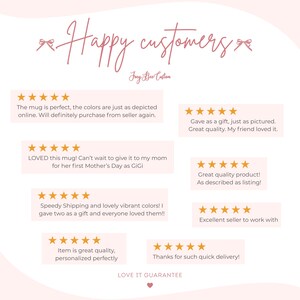 May include: A light pink background with customer reviews. The text "Happy customers" is written in a cursive font. Reviews include phrases like "Great quality product!" and "Speedy Shipping and lovely vibrant colors!"