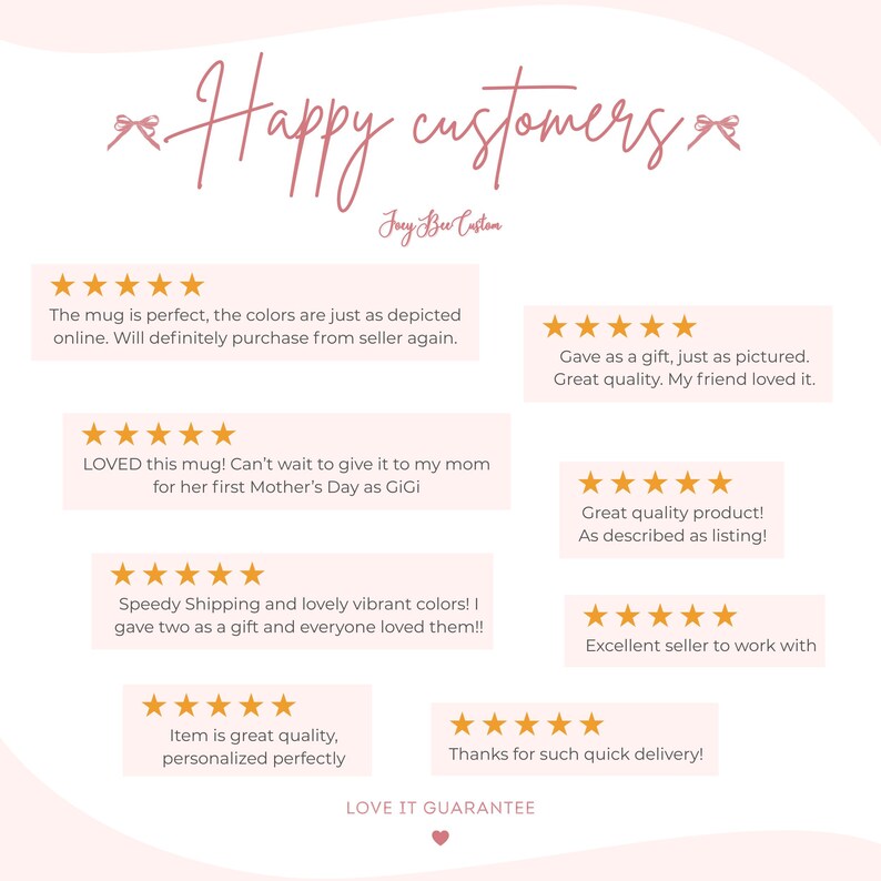 May include: A light pink background with customer reviews. The text "Happy customers" is written in a cursive font. Reviews include phrases like "Great quality product!" and "Speedy Shipping and lovely vibrant colors!"