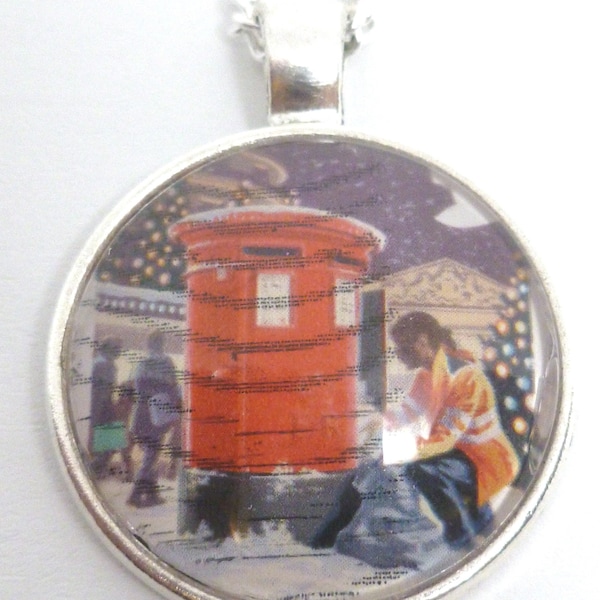 Christmas Postbox British Postage Stamp Pendant Necklace - One-off Unique British Unusual Gift