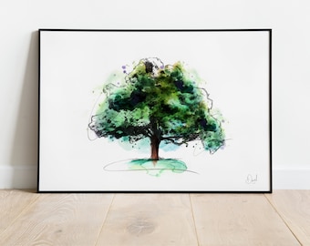 Impressão de arte em árvore, ilustração de castanheiro americano, desenho botânico, arte em aquarela, vida selvagem