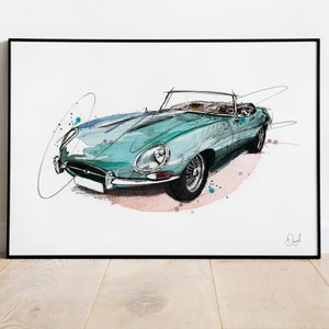 Jaguar E Type Convertible Art Print, Classic, Car, Art Print, Illustration, Drawing, Watercolour