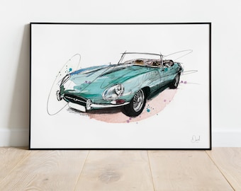 Jaguar E Type Convertible Art Print, Classic, Car, Art Print, Illustration, Drawing, Watercolour