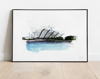 Glasgow SEC 'The Armadillo' Art Print, Illustration, Typography Drawing, Watercolour Art, Scotland