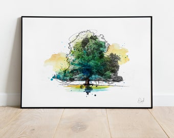 Impressão de arte em árvore, ilustração de castanheiro americano, desenho botânico, arte em aquarela, vida selvagem