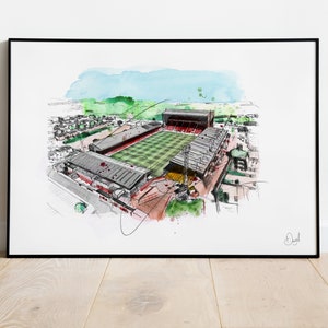 Aberdeen Pittordrie Stadium, Aberdeen illustratie, Tekening, Aquarel, voetbal, stadion, voetbal,