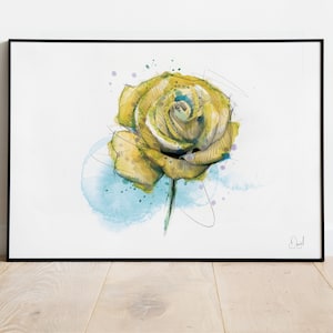 Yellow Rose Print, botanical Illustration, floral Drawing, Flower Watercolour, Summer Garden Art Print