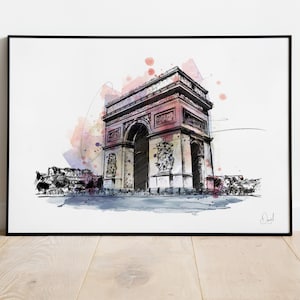 Arc De Triomphe Art Print, Cartel de París, Ilustración de Francia, Dibujo, Acuarela, Ciudad