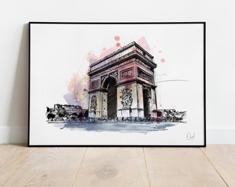 Arc De Triomphe Art Print, Paris Poster, France Illustration, Drawing, Watercolour, City