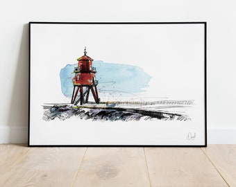 Herd Groyne lighthouse Art Print, South Shields, Newcastle Illustration, Drawing, Watercolour, City, Art, Print