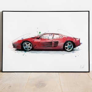 Ferrari Testarossa Classic Car Art Print, Illustration, Drawing, Watercolour, Art, Print, Car, Supercar