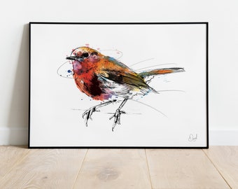 Robin Redbreast Print, Robin Illustration, Robin Drawing, Watercolour, Wildlife Art Print, Wildlife poster