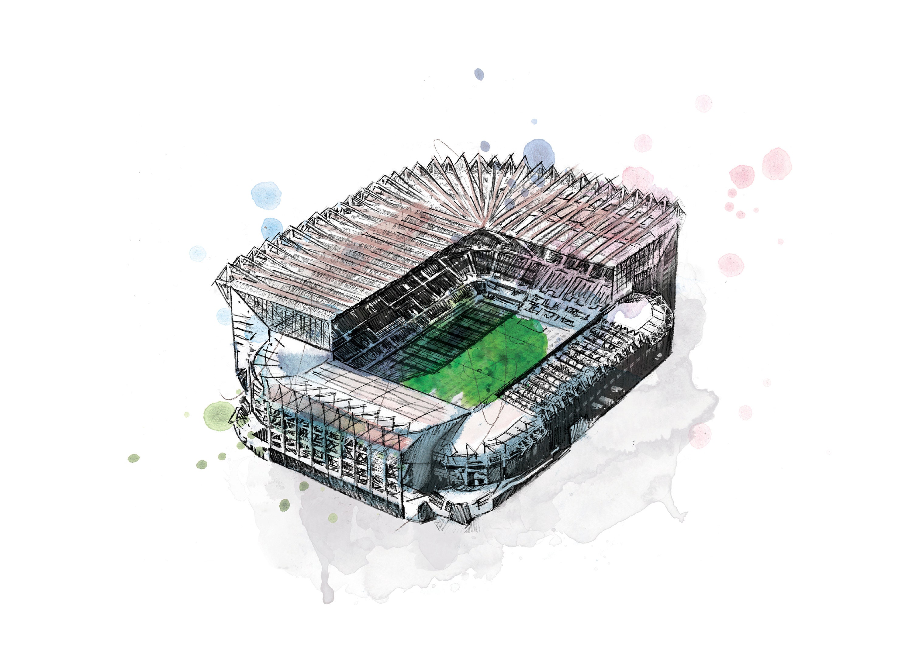 NUFC St James Park, Football Ground, Art Print, Illustration, Drawing, Watercolour, Football
