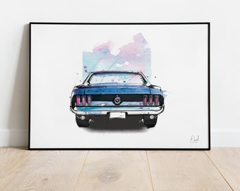 Ford Mustang Art Print, Classic, Car, Art Print, Illustration, Drawing, Watercolour