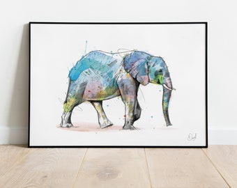 Elephant Art Print, Elephant Illustration, Drawing, Watercolour, Wildlife Poster, Safari Poster