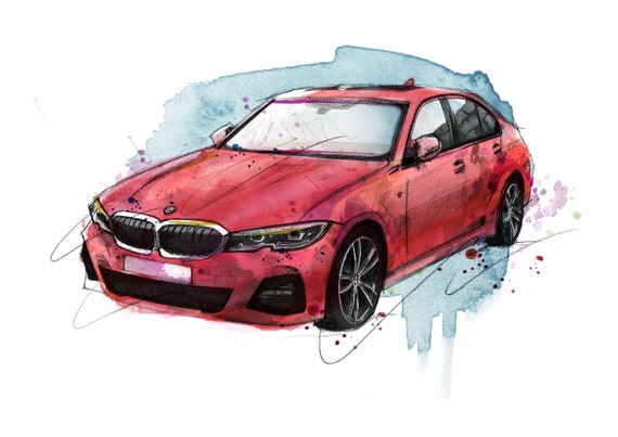 BMW 3 シリーズ、クラシック、車、アートプリント、イラスト、描画