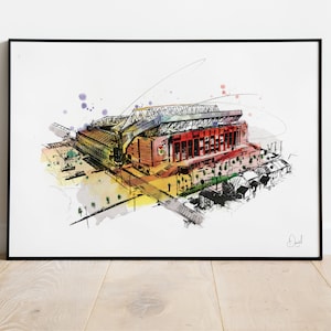 Liverpool FC Anfield Art Print, Illustratie, Tekening, Aquarel, voetbal, stadion, voetbal,