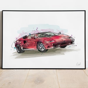 Lamborghini Countach Art Print, Classic, Car, Art Print, Illustration, Drawing, Watercolour