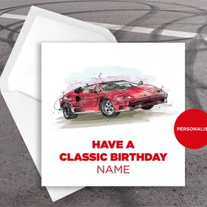 Lamborghini Countach Birthday Card - Classic Car Birthday Card - Biglietto di compleanno personalizzato - Biglietto di auguri con nome - Biglietto di compleanno per auto sportive