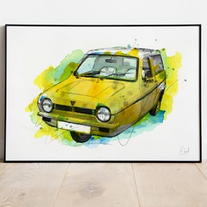 Reliant Rotkehlchen Kunstdruck, Mini Illustration, Reliant Robin Zeichnung, Oldtimer Aquarell,