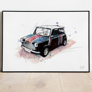 Mini Classic Car Art Print, Mini Illustratie, Mini Tekening, Aquarel, Kunst, Print, auto