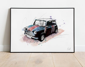 Mini Classic Car Art Print, Mini Illustration, Mini Drawing, Watercolour, Art, Print, car
