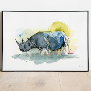 Rhino Art Print, Safari Illustration, Africa Drawing, Watercolour, Wildlife Art Print, Wildlife poster