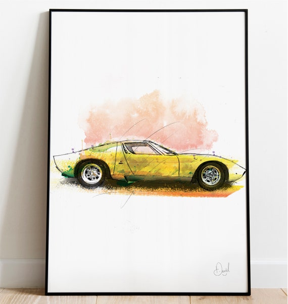 Lamborghini Miura Art Print, Classic, Car, Art Print, Illustration