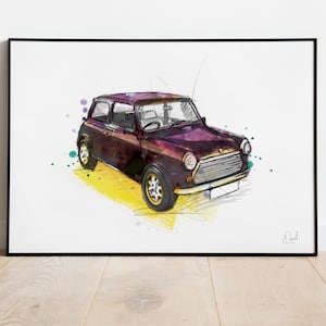 Klassischer Mini Mayfair Kunstdruck, Mini Illustration, Mini Zeichnung, Oldtimer Aquarell,