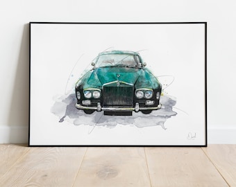 Classic Rolls Royce Art Print, Classic Car, Vintage Car, Illustration, Drawing, Watercolour, Art, Print