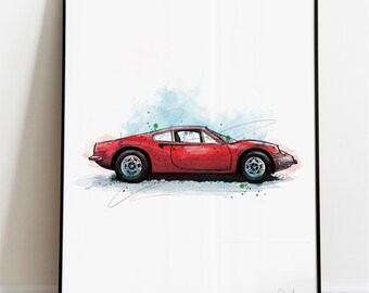 フェラーリ ディノ クラシックカー アートプリント、イラスト、描画