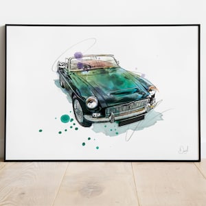 MG MGC Classic Car Art Print, Klassieke Auto, Vintage Auto, Illustratie, Tekening, Aquarel, Kunst, Print
