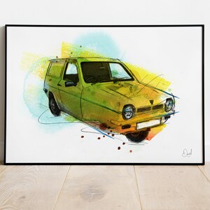 Reliant Robin Art Print, Mini Illustration, Reliant Robin Drawing, Classic Car Watercolour,