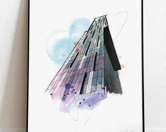 Beetham Tower Art Print, Manchester Illustration, Manchester Drawing, Watercolour, Cityscape Building