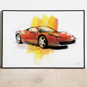 Ferrari Pista Classic Car Art Print, Illustration, Drawing, Watercolour, Art Red, Sports Car