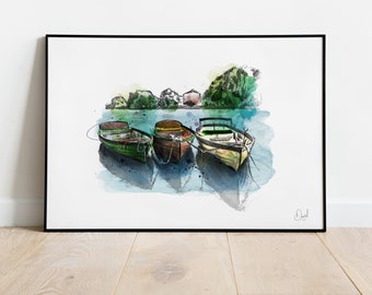 オリジナル水彩画、「係留された船」、マイケル A. バッシー (1930