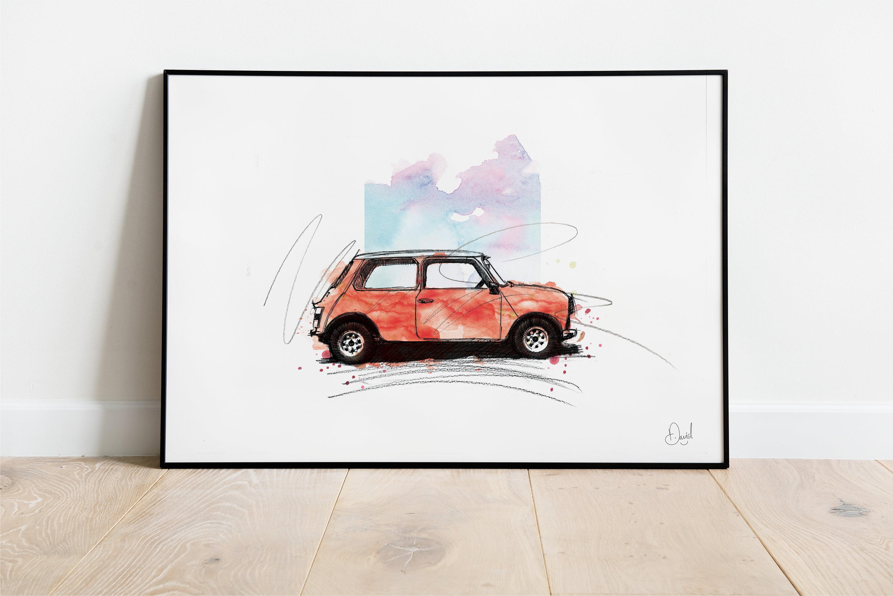 ミニクラシック、車のアートプリント、ミニイラスト、クラシックカーの