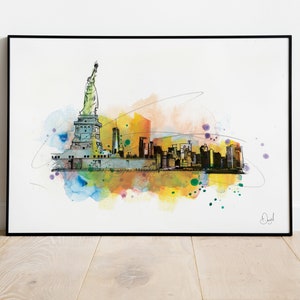 New York City Skyline Art Print, NYC illustratie, Amerika tekening, aquarel, Vrijheidsbeeld