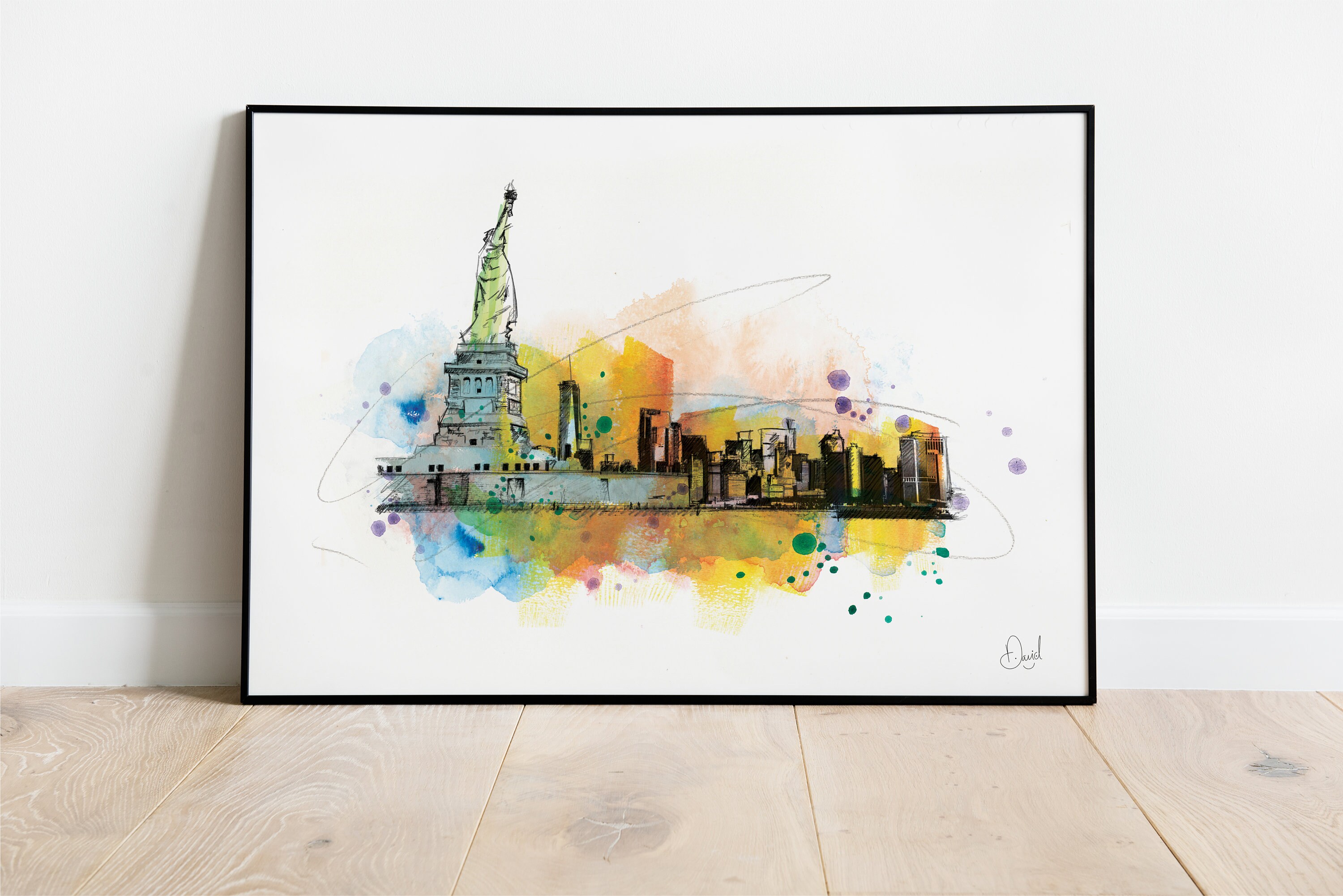 New York City Skyline Art Print, NYC Illustration, America Drawing, Watercolour, Statue Of Liberty