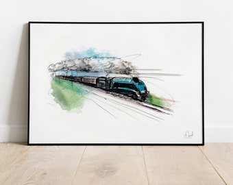 May include: A watercolor illustration of a blue train engine pulling a train of passenger cars through a landscape. The train is moving quickly, and there is a cloud of smoke behind it. The illustration is done in a loose, gestural style, with a lot of white space.