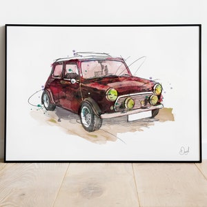 Klassischer Mini Cooper Kunstdruck, Mini Illustration, Mini Zeichnung, Oldtimer Aquarell,